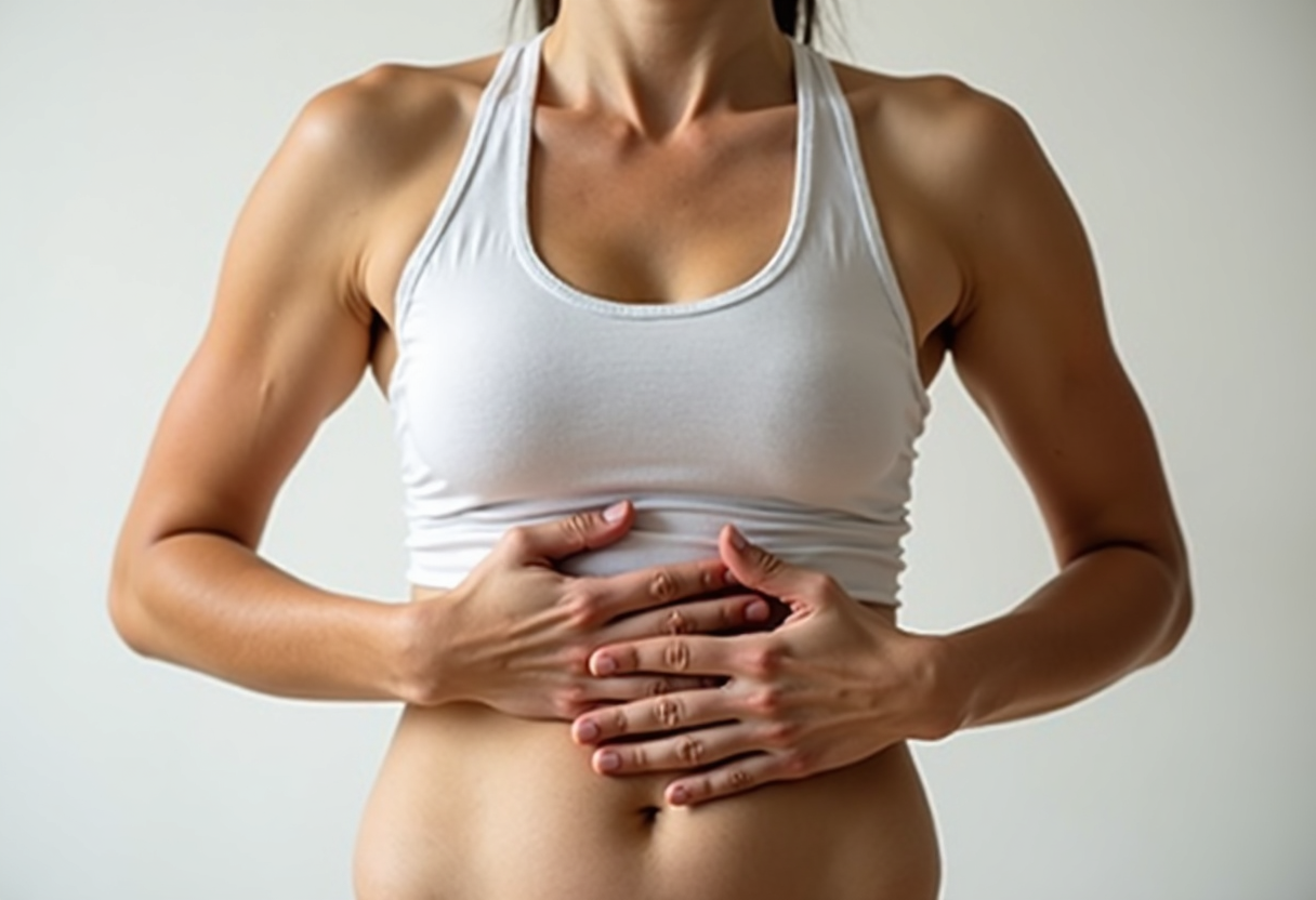 A person demonstrating a deep breathing exercise with hands on abdomen