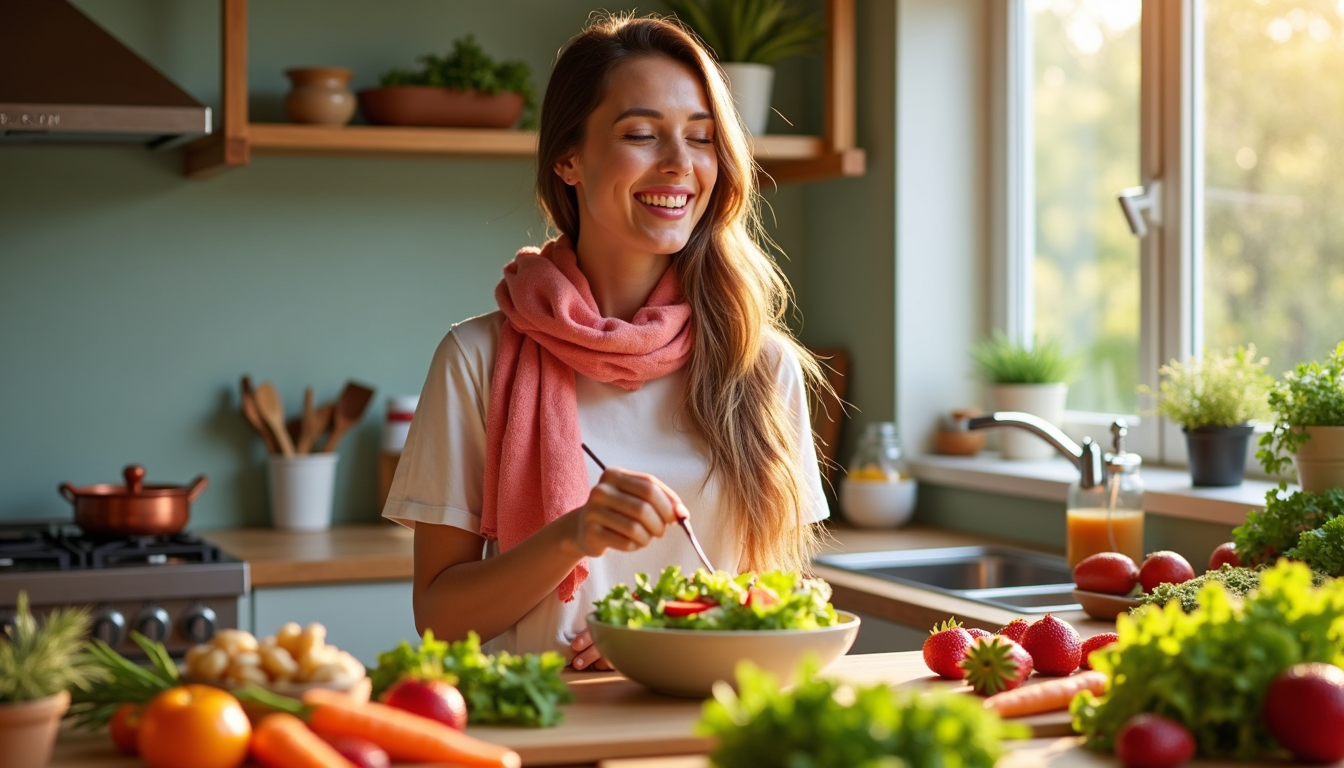 A smiling person happily preparing a healthy salad in a sunlit kitchen