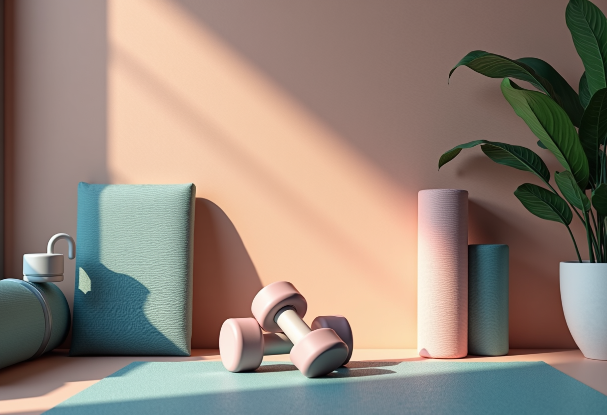 Clean studio shot of essential home gym equipment