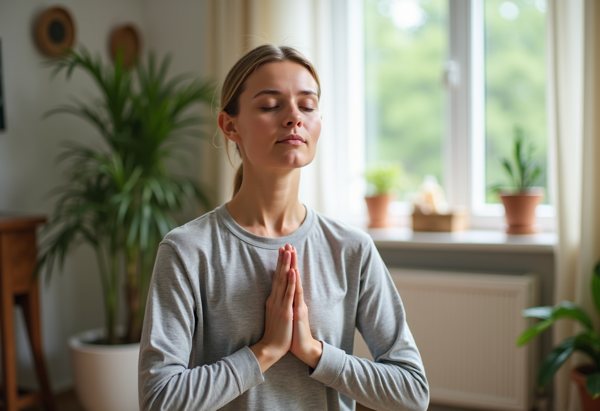 Person practicing gentle yoga or deep breathing at home for anxiety relief