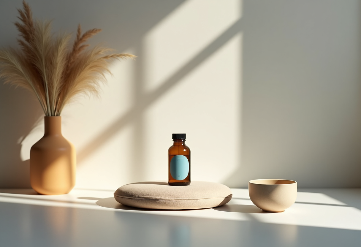 Product image showing a supplement bottle or mindfulness tools