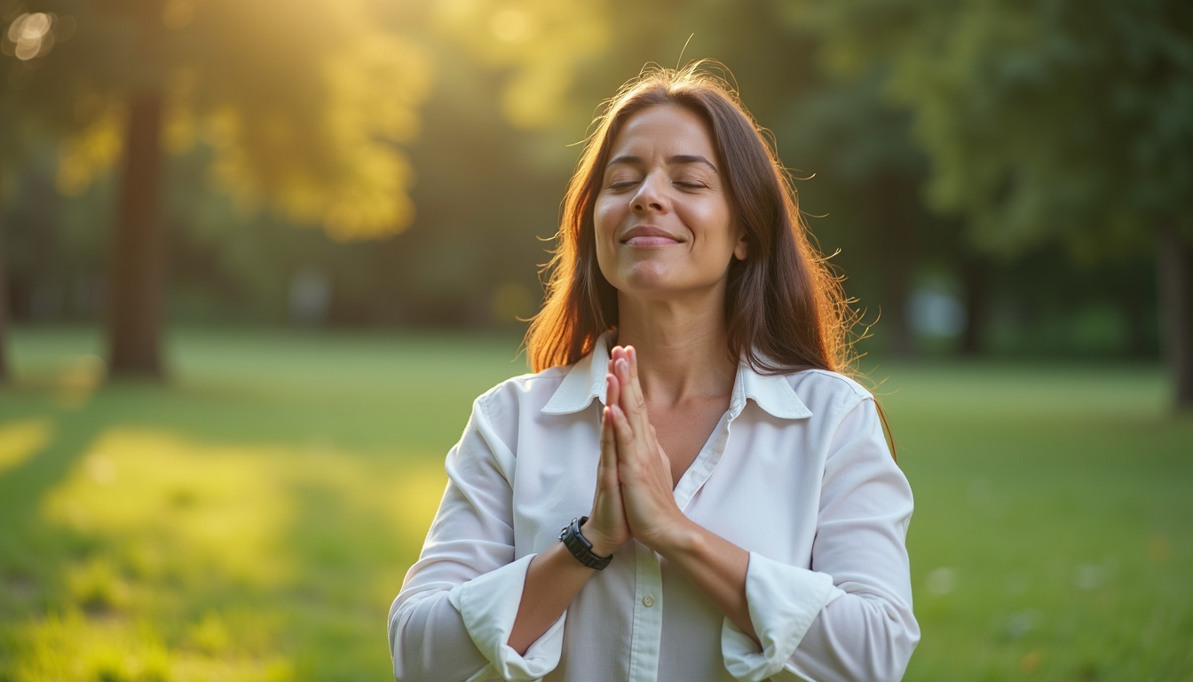 Individual practicing deep breathing in a park