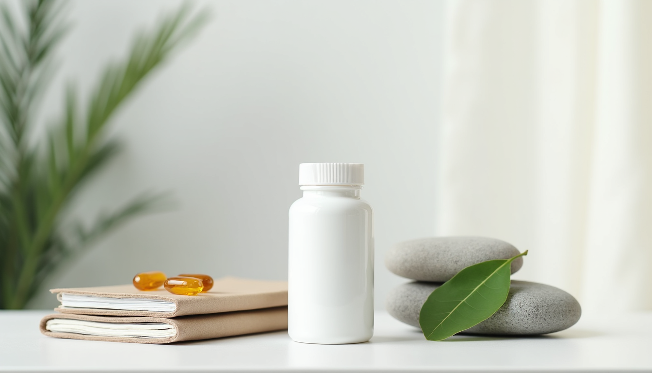 A collection of products for stress management, including a supplement bottle, journal, stone, and leaf