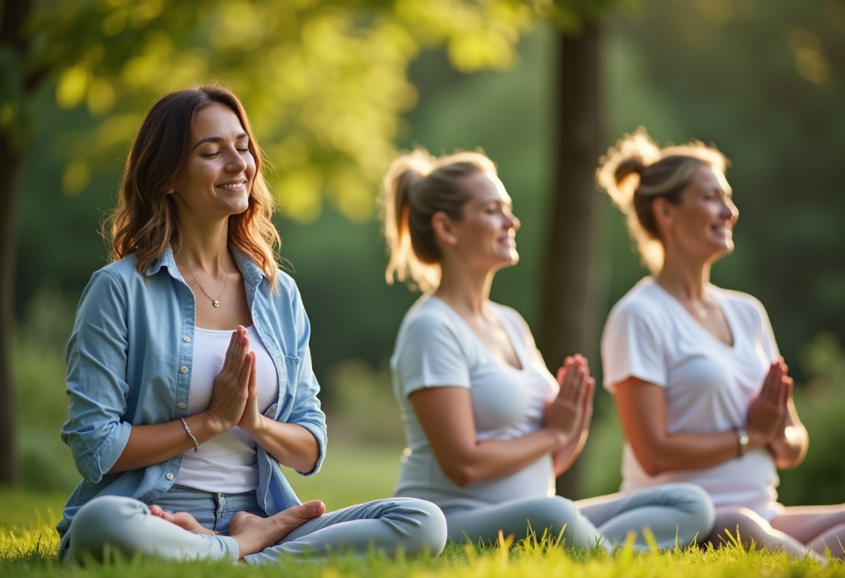 People meditating and stretching outdoors in a serene natural setting